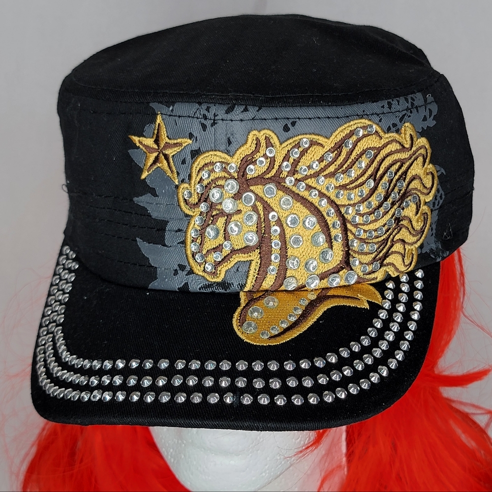 `H25708 NWT Professional Style Rhinestone Black Cadet Cap - Horse and Star